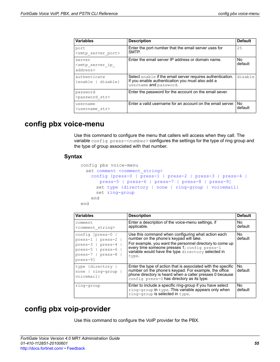 Config pbx voice-menu, Syntax, Config pbx voip-provider | Port <smtp_server_port, Server <smtp_server_ip_ address, Username <username_str | Fortinet FortiGate Voice 4.0 MR1 User Manual | Page 55 / 60