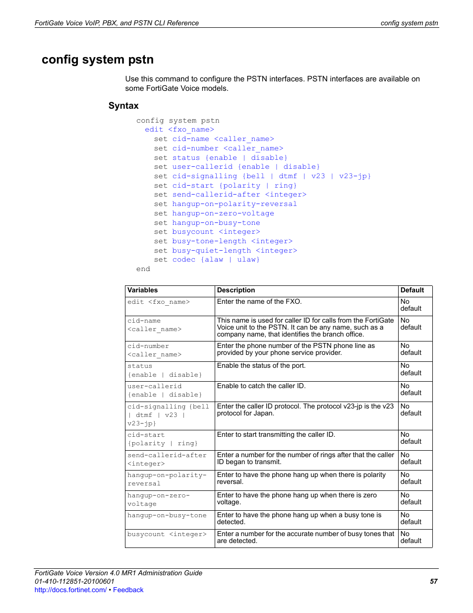 Config system pstn, Syntax | Fortinet FortiGate Voice 4.0 MR1 User Manual | Page 57 / 60