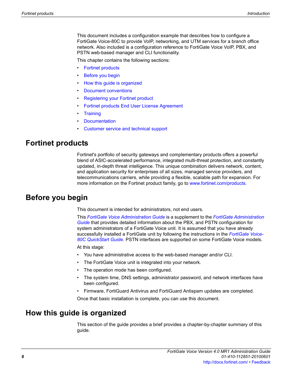 Fortinet products, Before you begin, How this guide is organized | Fortinet FortiGate Voice 4.0 MR1 User Manual | Page 6 / 60