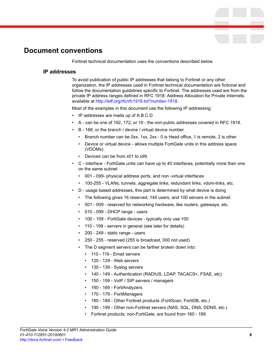 Document conventions, Ip addresses | Fortinet FortiGate Voice 4.0 MR1 User Manual | Page 9 / 60