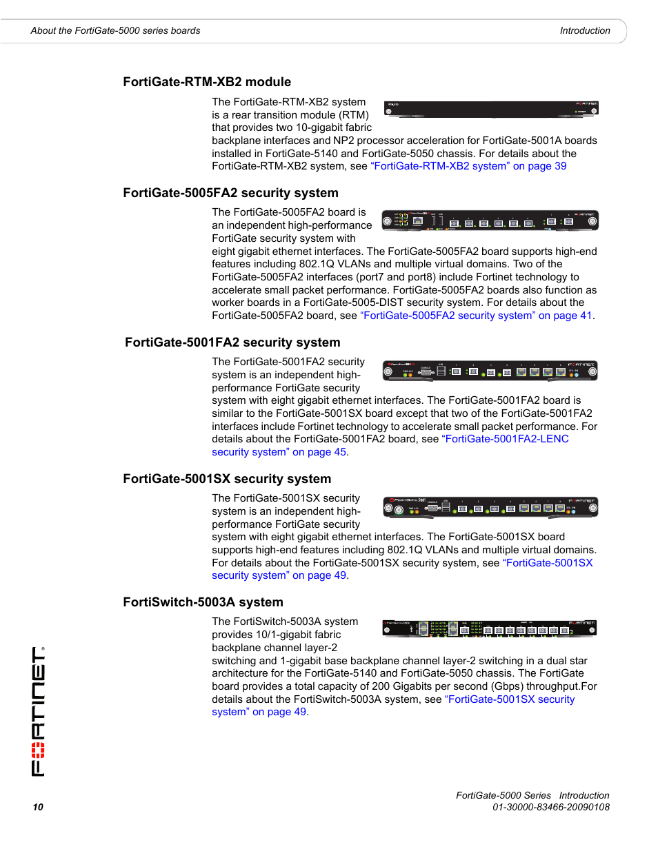 Fortigate-rtm-xb2 module, Fortigate-5005fa2 security system, Fortigate-5001fa2 security system | Fortigate-5001sx security system, Fortiswitch-5003a system | Fortinet FortiGate-5000 User Manual | Page 10 / 77