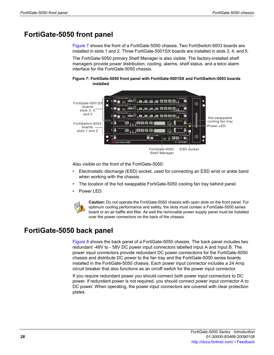 Fortigate-5050 front panel, Fortigate-5050 back panel | Fortinet FortiGate-5000 User Manual | Page 28 / 77