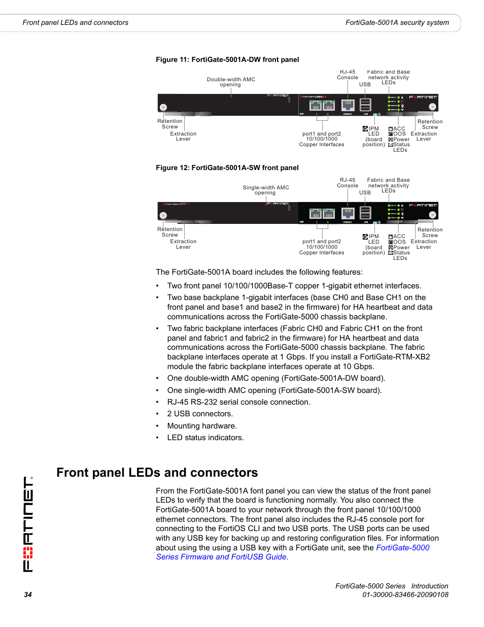 Front panel leds and connectors | Fortinet FortiGate-5000 User Manual | Page 34 / 77