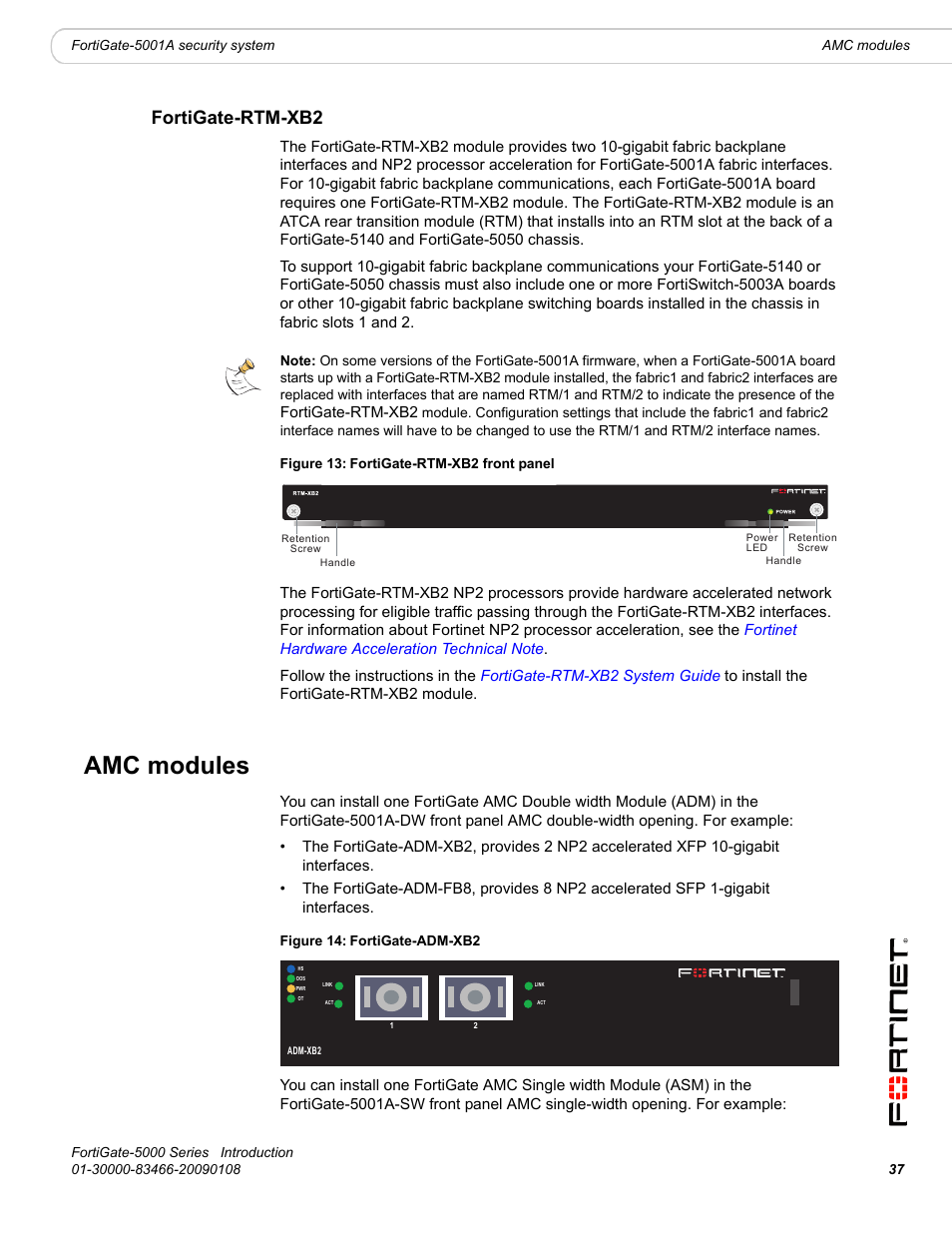 Fortigate-rtm-xb2, Amc modules | Fortinet FortiGate-5000 User Manual | Page 37 / 77