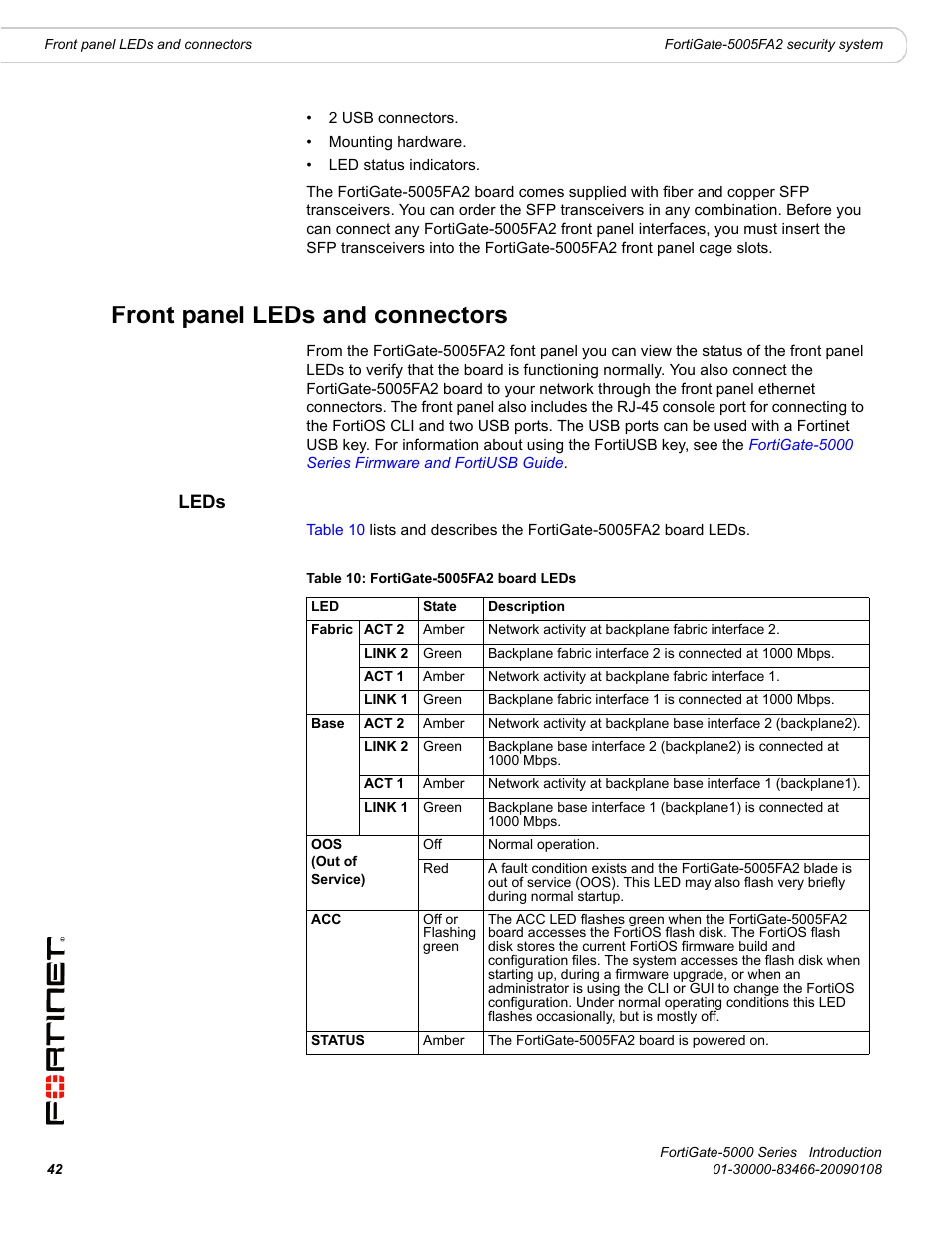 Front panel leds and connectors, Leds | Fortinet FortiGate-5000 User Manual | Page 42 / 77