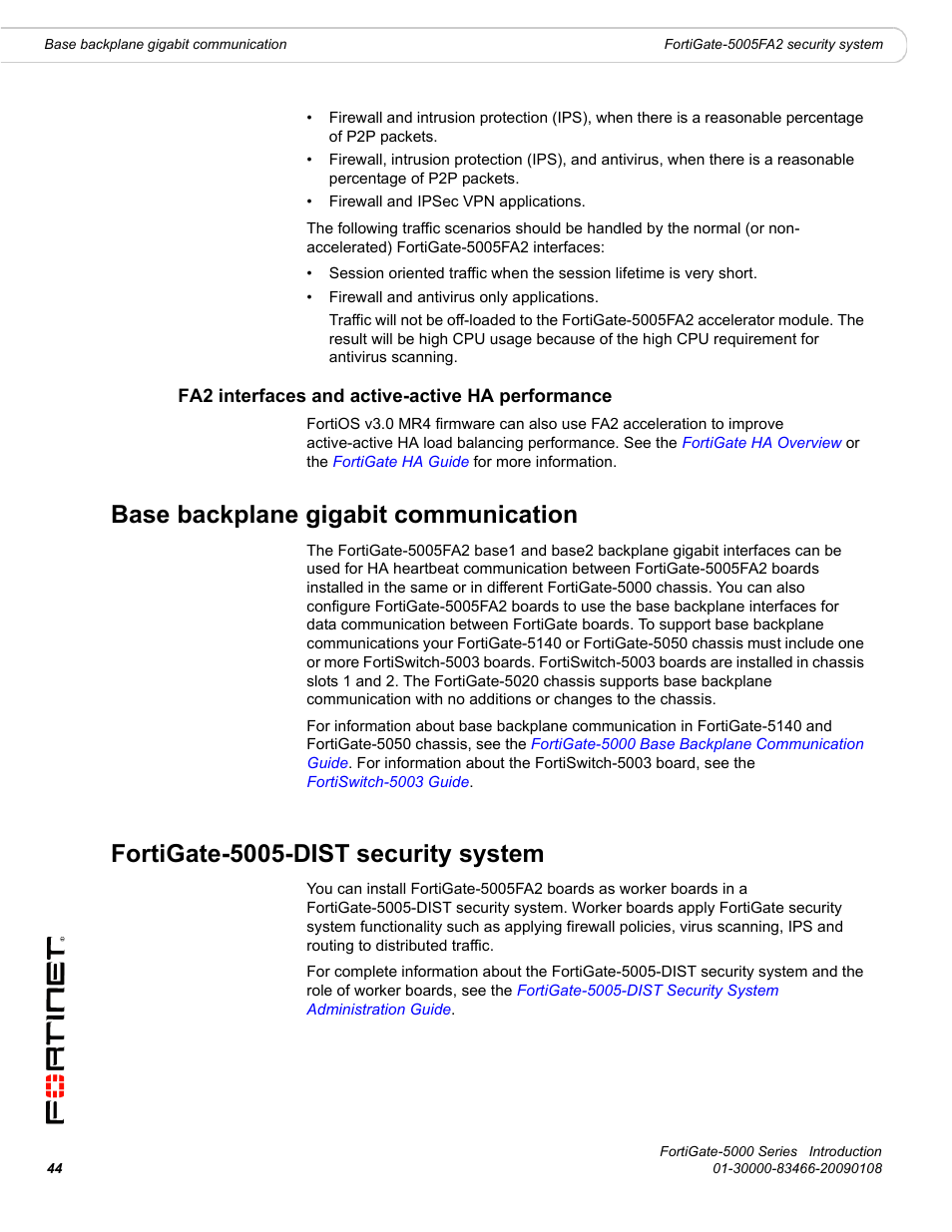 Fa2 interfaces and active-active ha performance, Base backplane gigabit communication, Fortigate-5005-dist security system | Fortinet FortiGate-5000 User Manual | Page 44 / 77