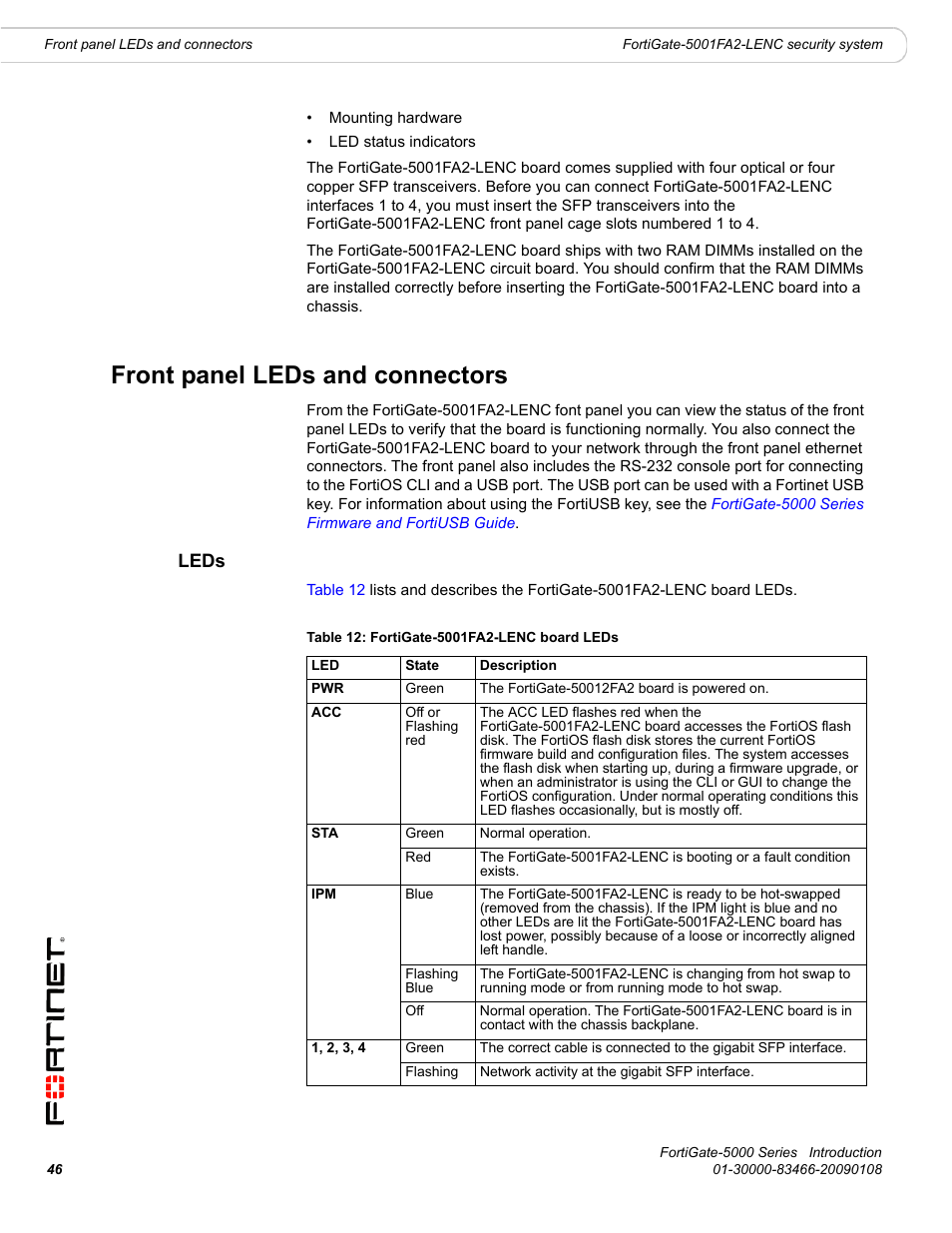 Front panel leds and connectors, Leds | Fortinet FortiGate-5000 User Manual | Page 46 / 77