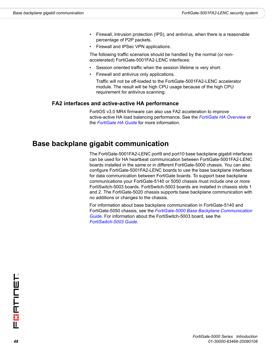 Fa2 interfaces and active-active ha performance, Base backplane gigabit communication, Fa2 interfaces and active-active ha | Fortinet FortiGate-5000 User Manual | Page 48 / 77