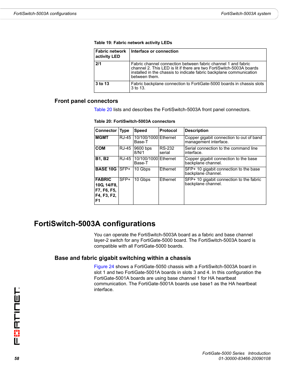 Front panel connectors, Fortiswitch-5003a configurations, Base and fabric gigabit switching within a chassis | List | Fortinet FortiGate-5000 User Manual | Page 58 / 77