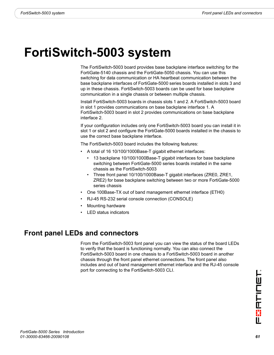 Fortiswitch-5003 system, Front panel leds and connectors | Fortinet FortiGate-5000 User Manual | Page 61 / 77