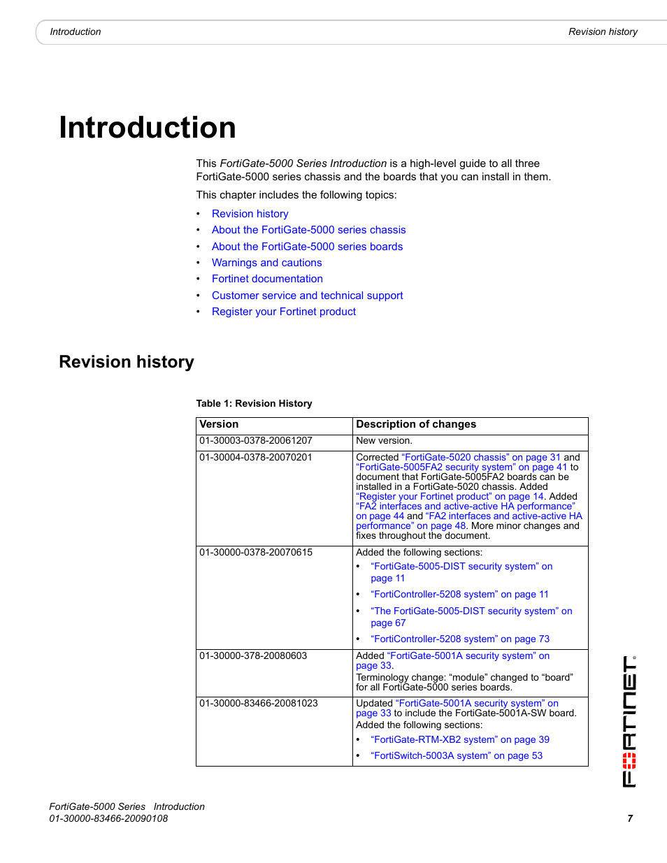 Introduction, Revision history | Fortinet FortiGate-5000 User Manual | Page 7 / 77