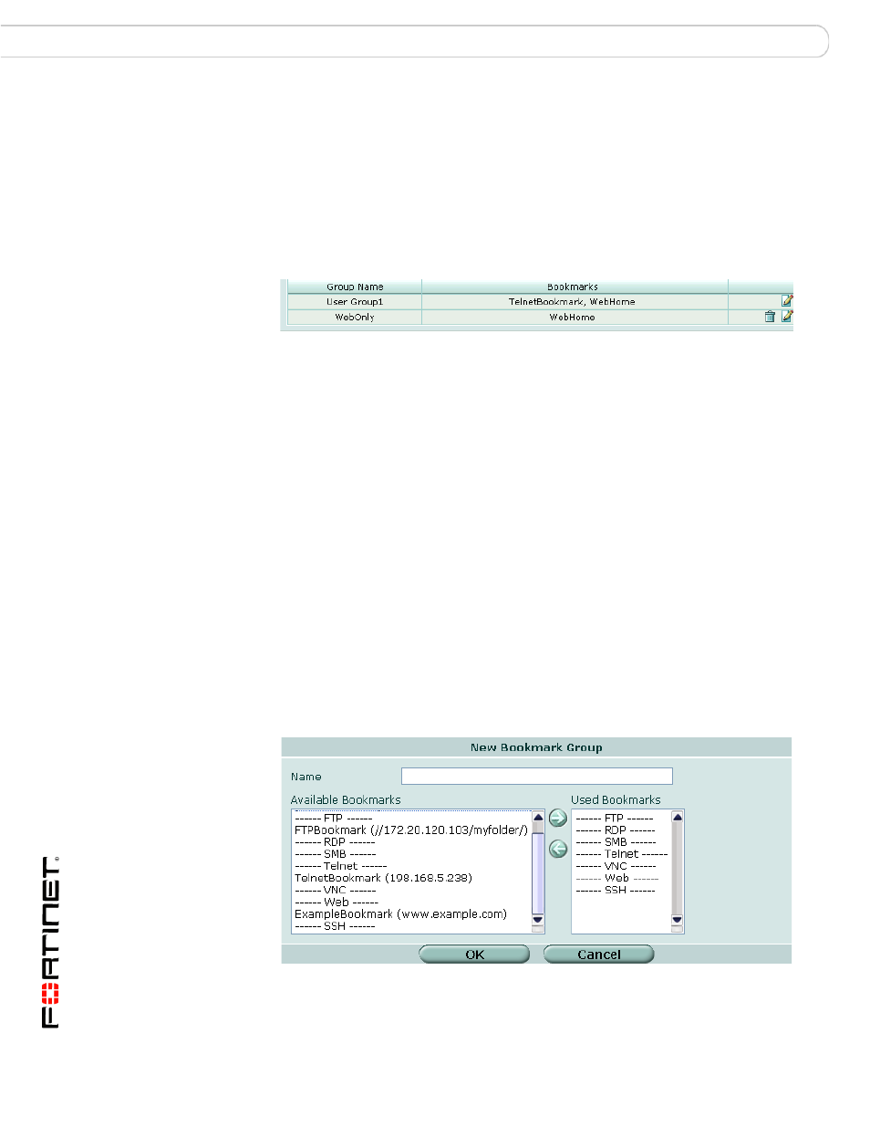 Viewing the ssl vpn bookmark groups list, Configuring ssl vpn bookmark groups | Fortinet FORTIOS V3.0 MR7 User Manual | Page 52 / 90