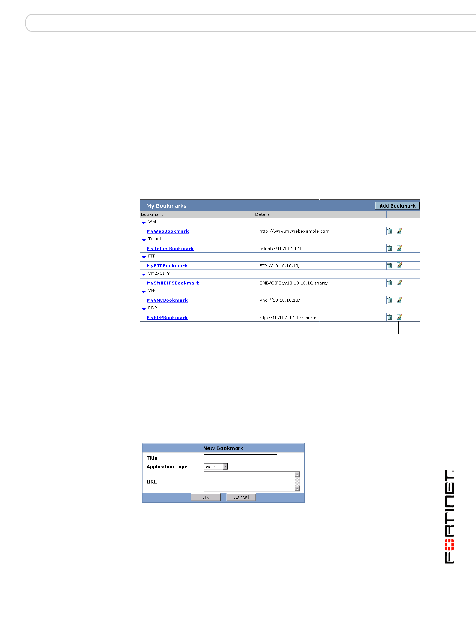 Adding a bookmark to the my bookmarks list, Adding a bookmark to, The my bookmarks list | Adding a bookmark, To the my bookmarks list | Fortinet FORTIOS V3.0 MR7 User Manual | Page 69 / 90