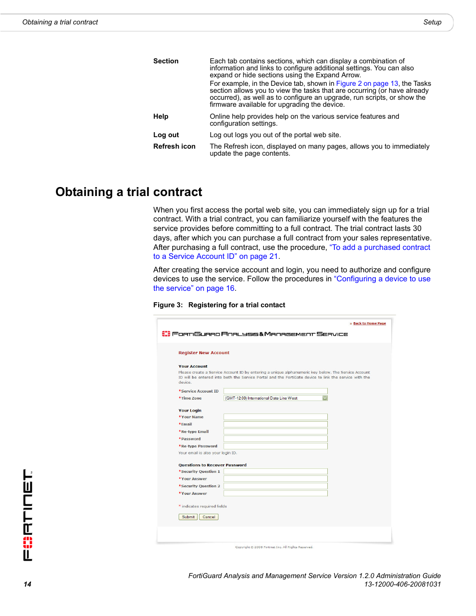 Obtaining a trial contract | Fortinet FortiGuard Analysis 1.2.0 User Manual | Page 14 / 76