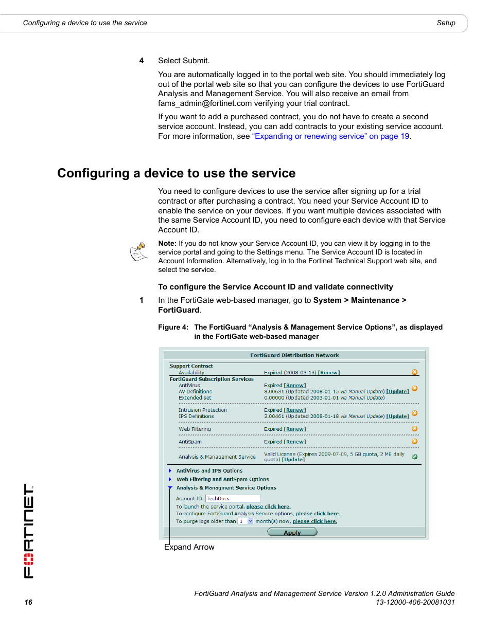 Configuring a device to use the service, Configuring a device to use | Fortinet FortiGuard Analysis 1.2.0 User Manual | Page 16 / 76