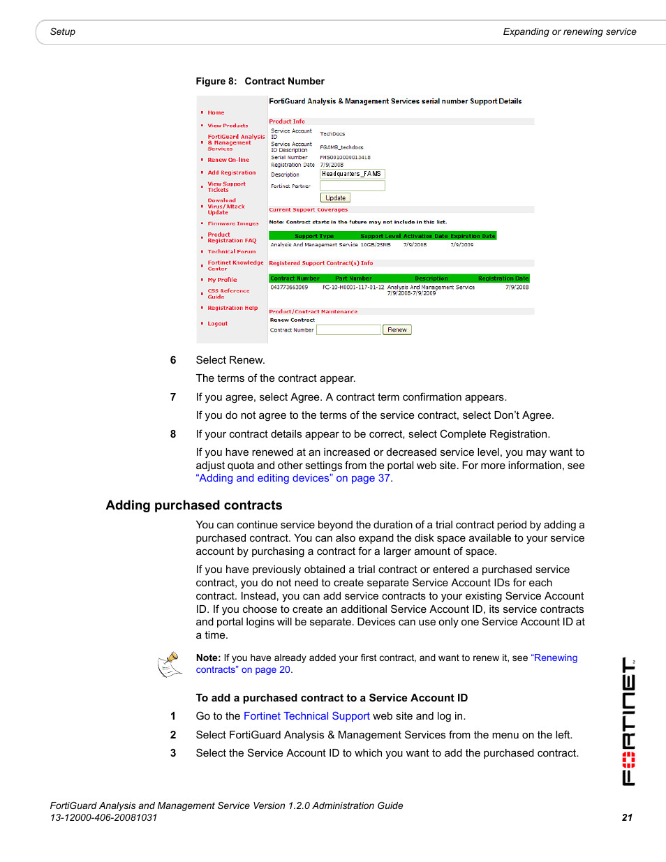 Adding purchased contracts | Fortinet FortiGuard Analysis 1.2.0 User Manual | Page 21 / 76