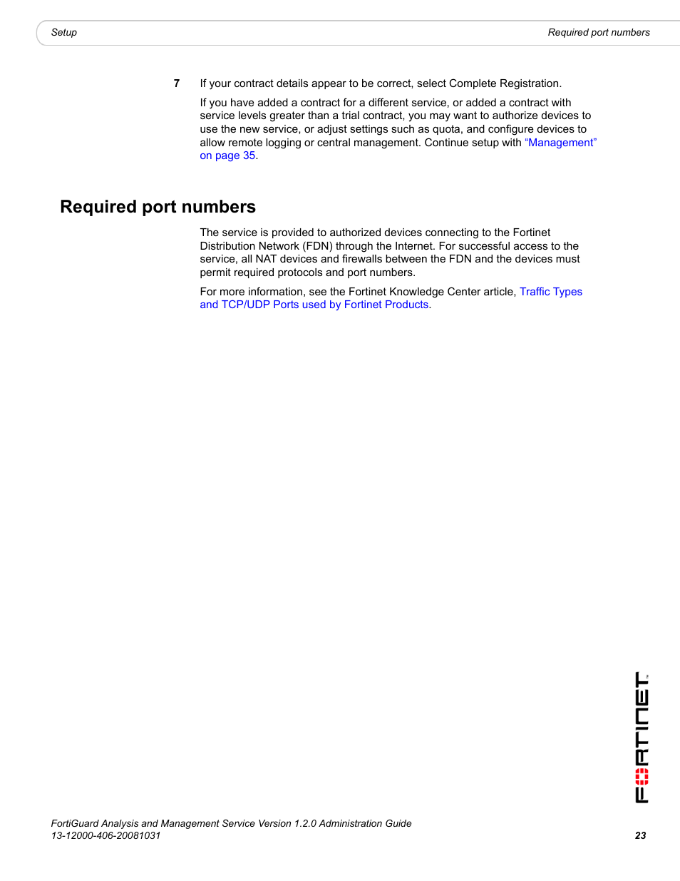 Required port numbers | Fortinet FortiGuard Analysis 1.2.0 User Manual | Page 23 / 76