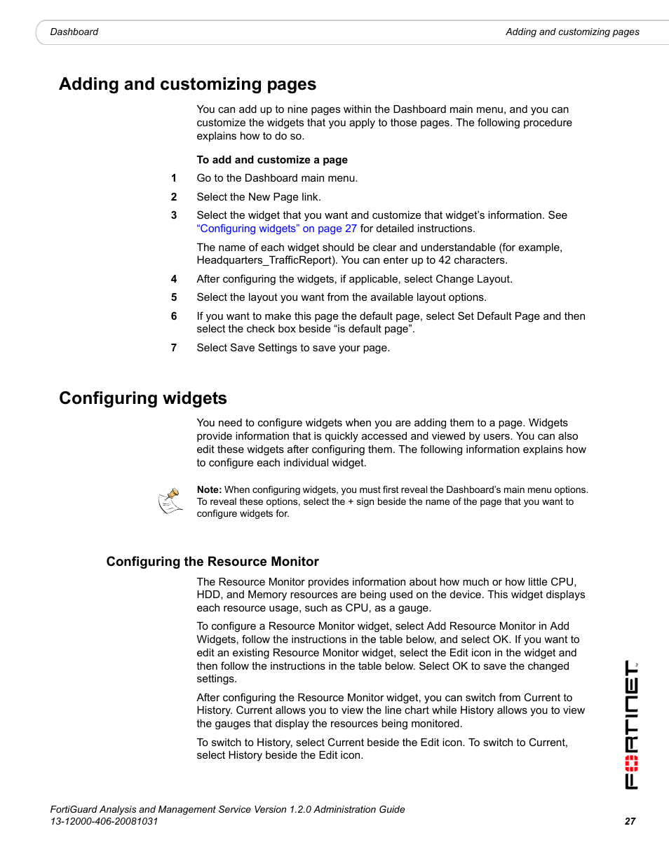 Configuring widgets, Configuring the resource monitor, Adding and customizing pages | Fortinet FortiGuard Analysis 1.2.0 User Manual | Page 27 / 76