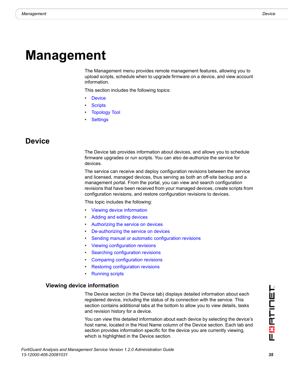 Management, Device, Viewing device information | Fortinet FortiGuard Analysis 1.2.0 User Manual | Page 35 / 76