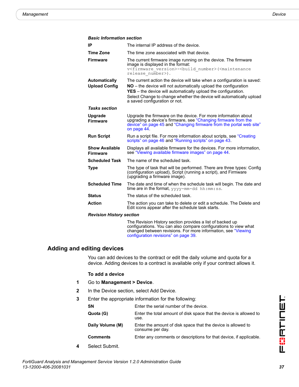 Adding and editing devices | Fortinet FortiGuard Analysis 1.2.0 User Manual | Page 37 / 76