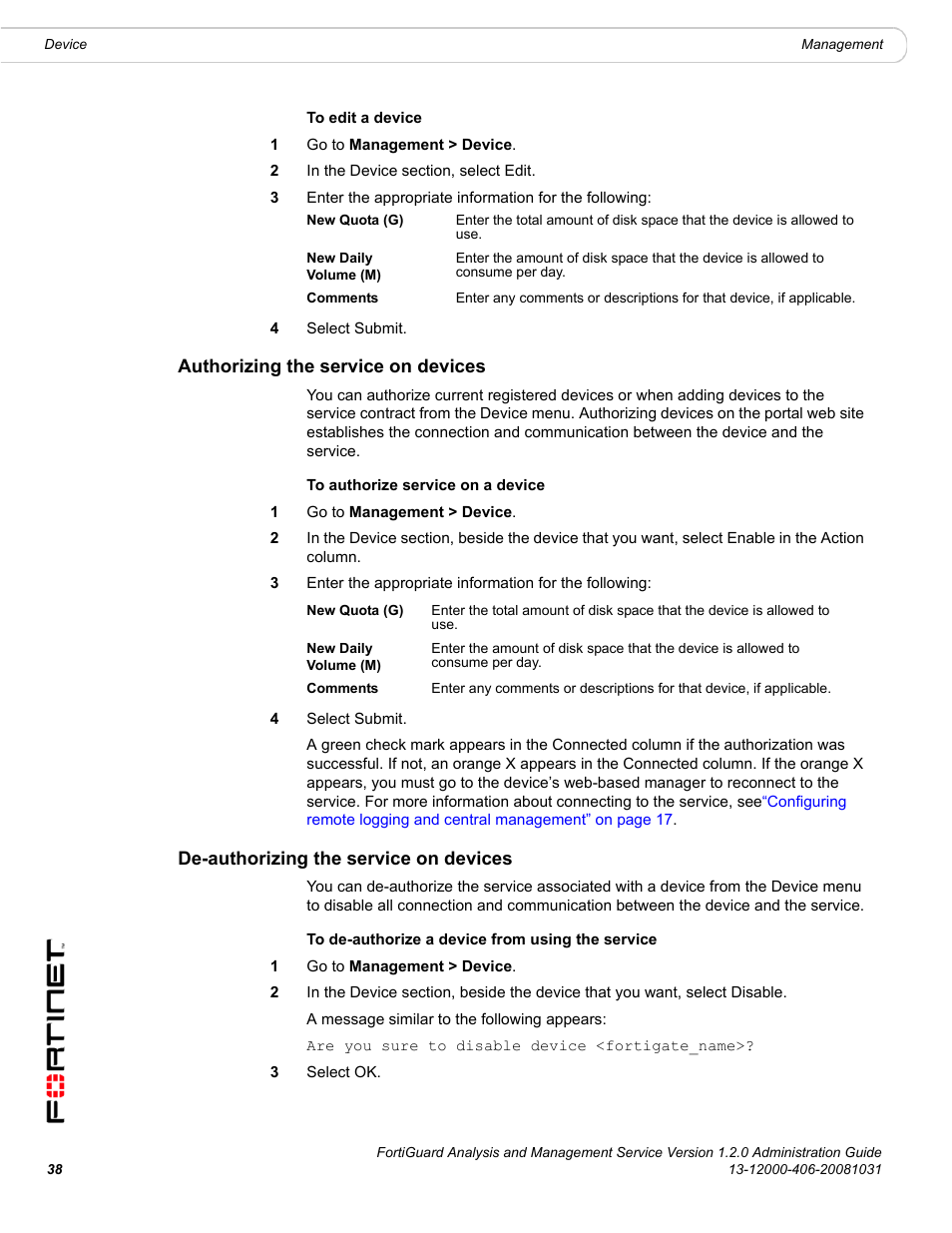 Authorizing the service on devices, De-authorizing the service on devices, Authorizing the | Fortinet FortiGuard Analysis 1.2.0 User Manual | Page 38 / 76