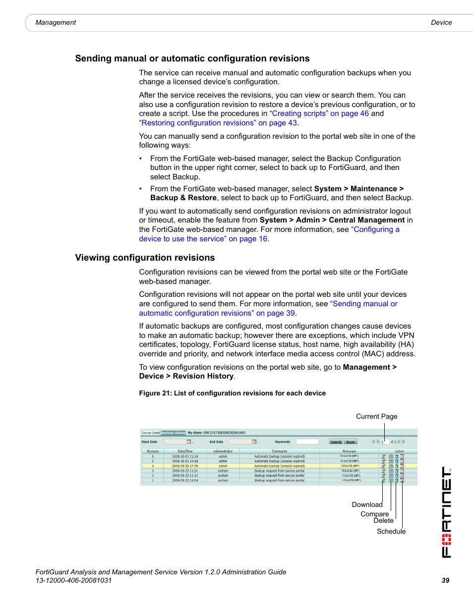 Viewing configuration revisions, Formation, see, Viewing | Fortinet FortiGuard Analysis 1.2.0 User Manual | Page 39 / 76