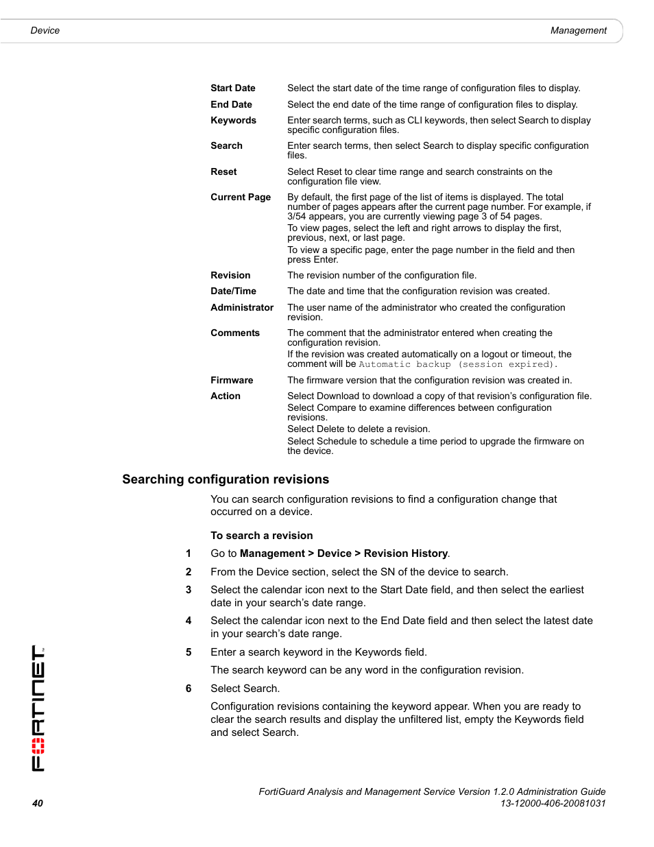 Searching configuration revisions | Fortinet FortiGuard Analysis 1.2.0 User Manual | Page 40 / 76