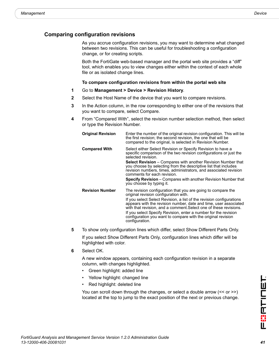 Comparing configuration revisions | Fortinet FortiGuard Analysis 1.2.0 User Manual | Page 41 / 76