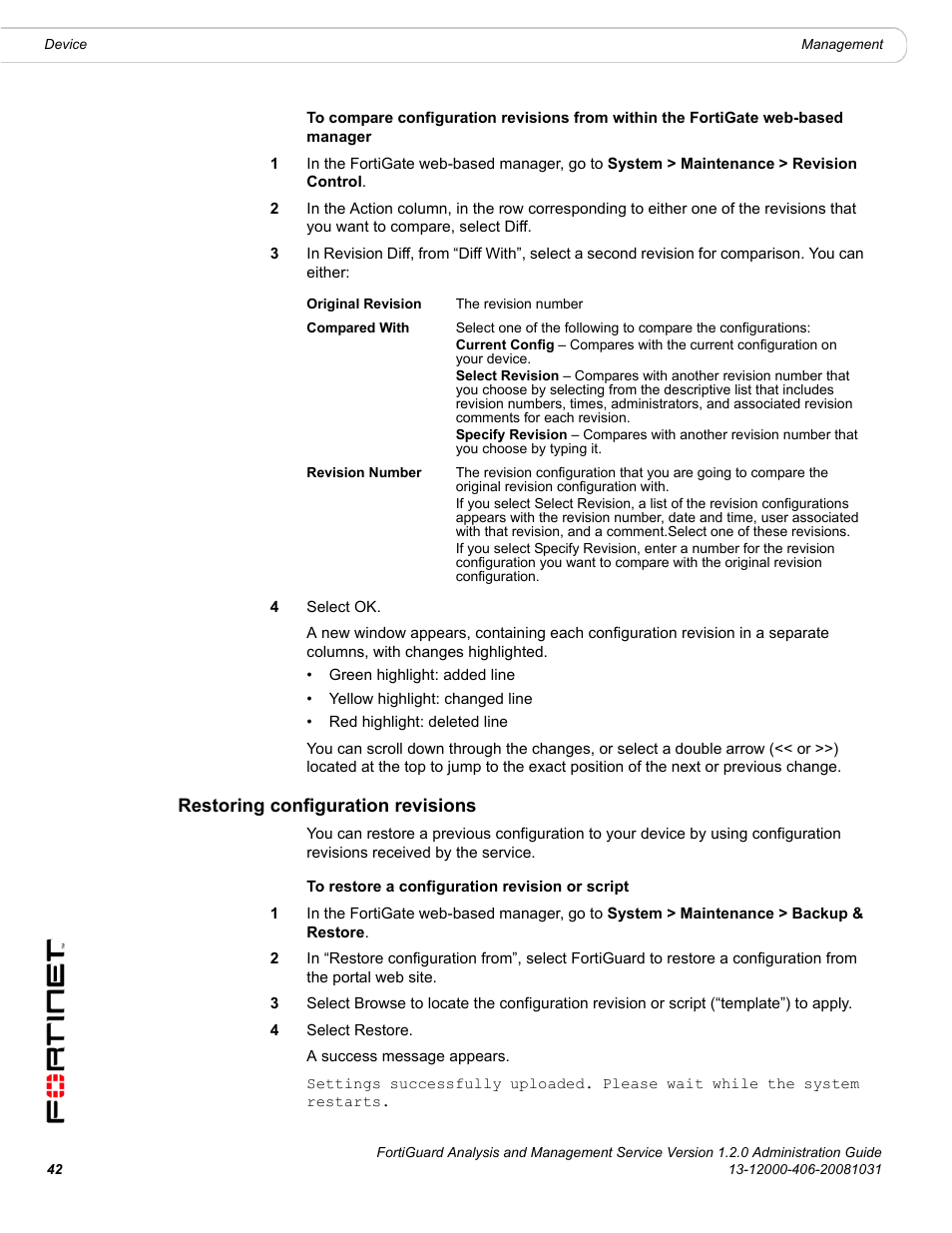 Restoring configuration revisions | Fortinet FortiGuard Analysis 1.2.0 User Manual | Page 42 / 76