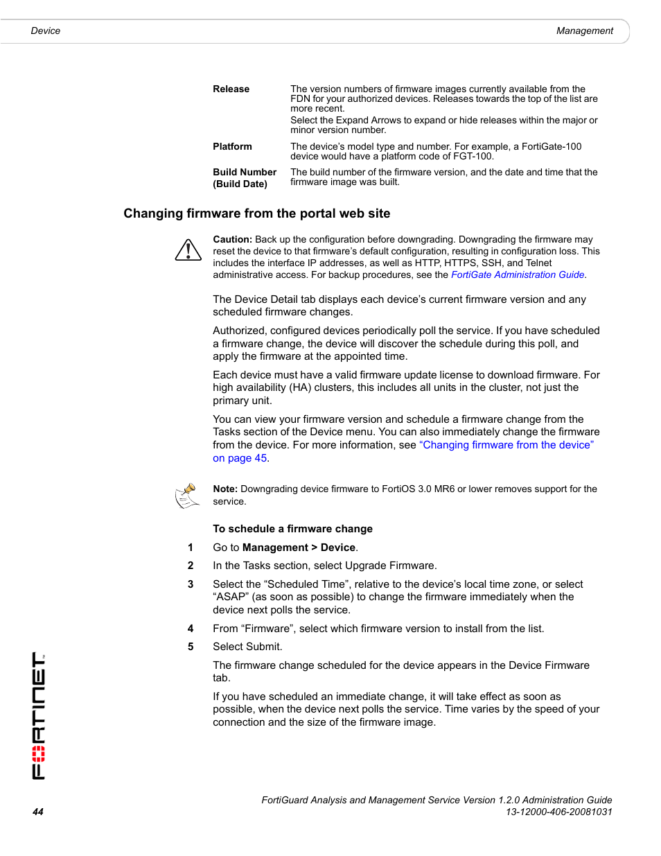 Changing firmware from the portal web site, Changing firmware from the portal web site” on | Fortinet FortiGuard Analysis 1.2.0 User Manual | Page 44 / 76