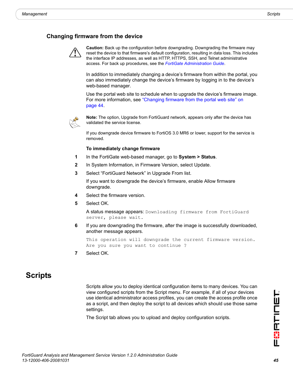 Changing firmware from the device, Scripts, Changing firmware from the | Fortinet FortiGuard Analysis 1.2.0 User Manual | Page 45 / 76