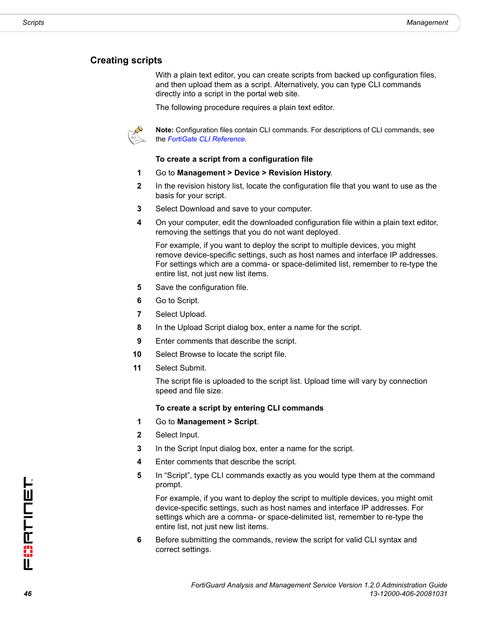 Creating scripts, Creating | Fortinet FortiGuard Analysis 1.2.0 User Manual | Page 46 / 76