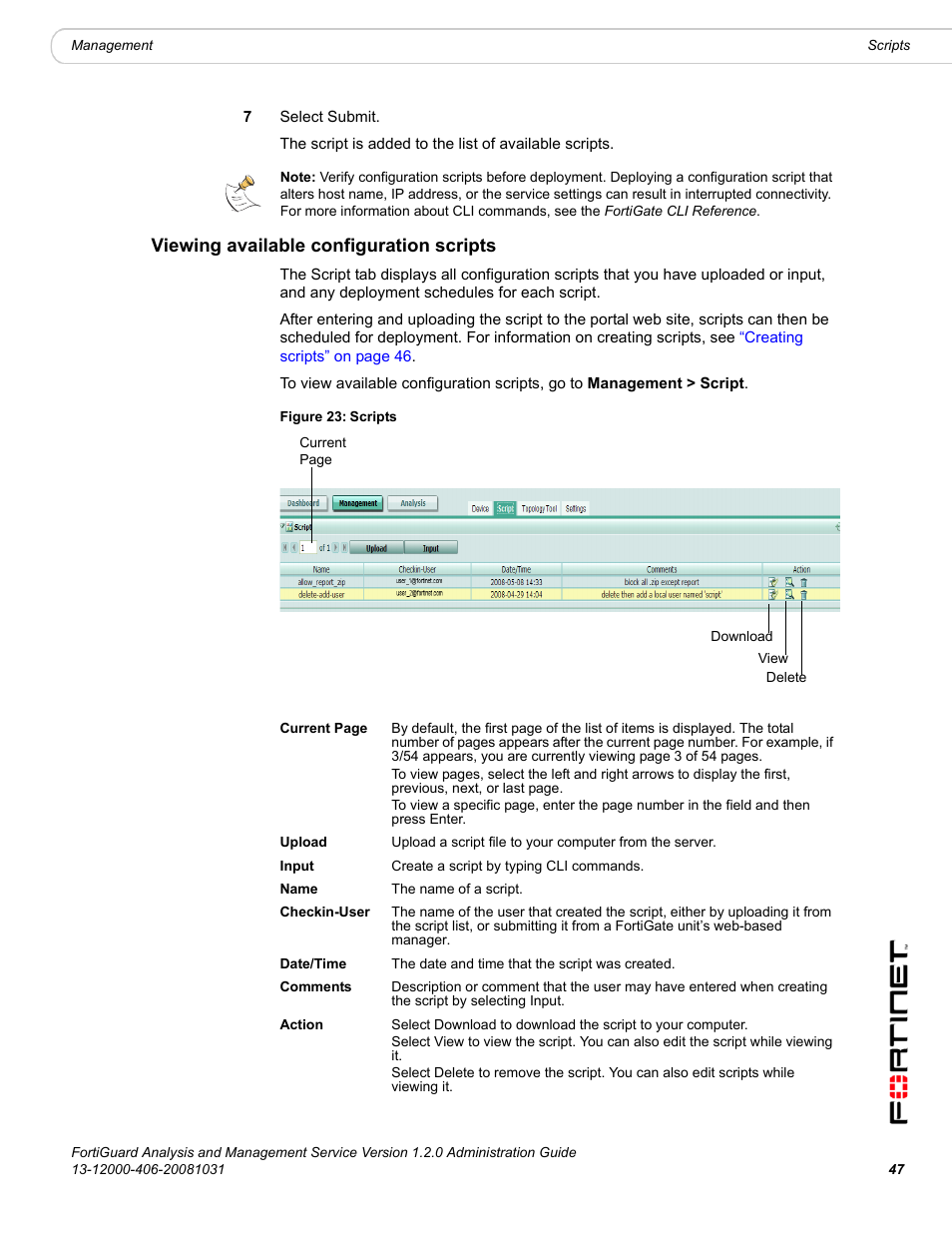 Viewing available configuration scripts | Fortinet FortiGuard Analysis 1.2.0 User Manual | Page 47 / 76