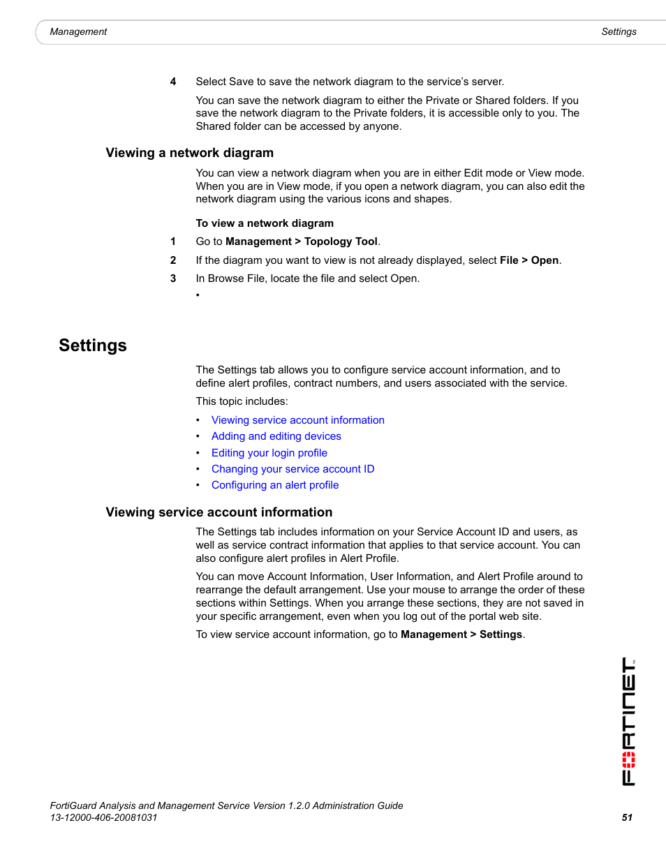 Viewing a network diagram, Settings, Viewing service account information | Fortinet FortiGuard Analysis 1.2.0 User Manual | Page 51 / 76