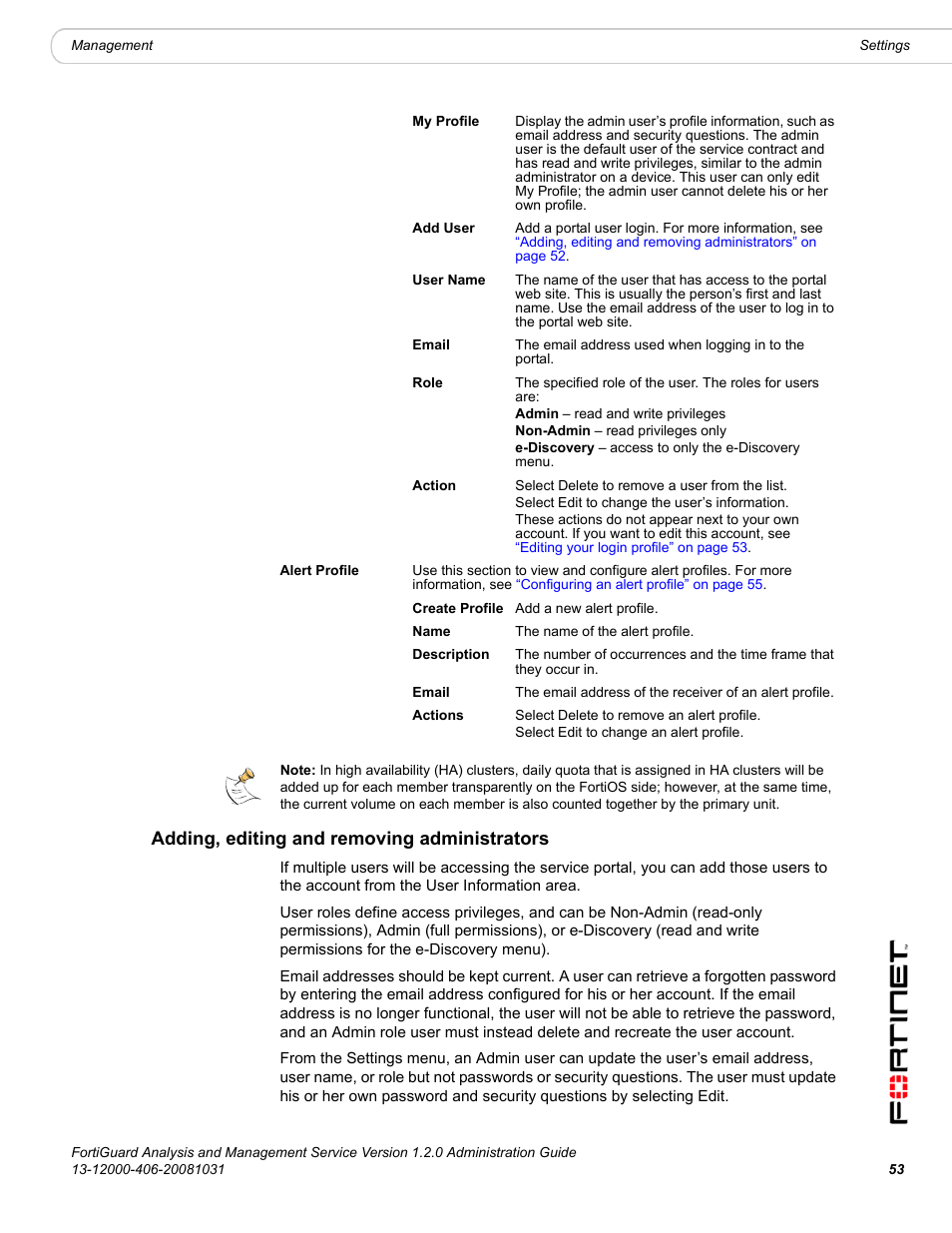 Adding, editing and removing administrators | Fortinet FortiGuard Analysis 1.2.0 User Manual | Page 53 / 76