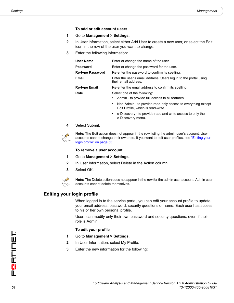 Editing your login profile | Fortinet FortiGuard Analysis 1.2.0 User Manual | Page 54 / 76