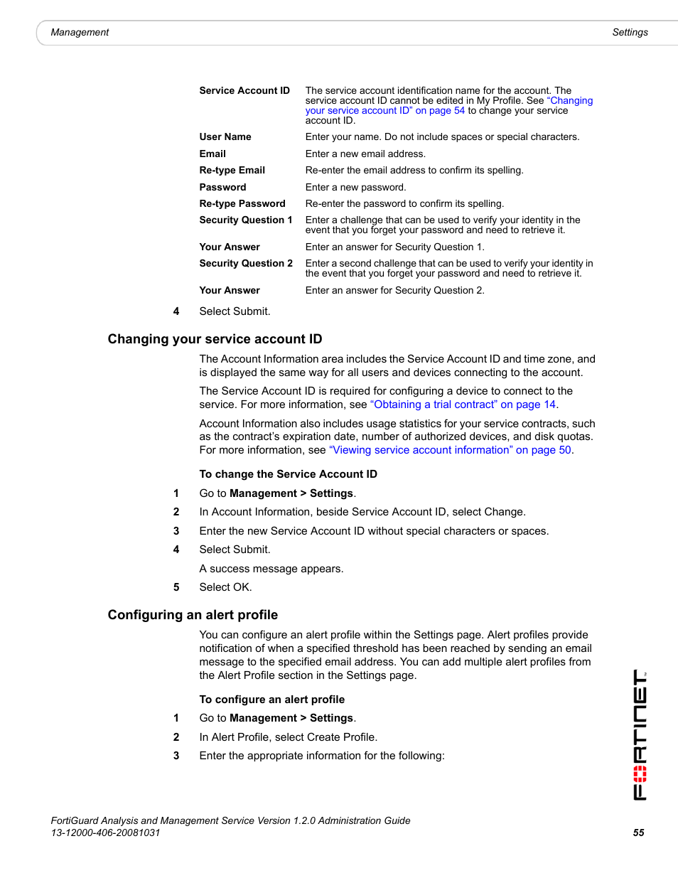 Changing your service account id, Configuring an alert profile | Fortinet FortiGuard Analysis 1.2.0 User Manual | Page 55 / 76