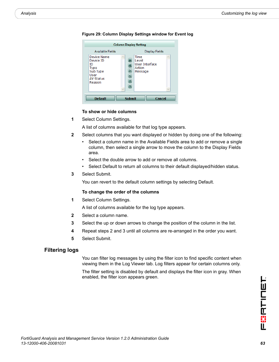 Filtering logs | Fortinet FortiGuard Analysis 1.2.0 User Manual | Page 61 / 76