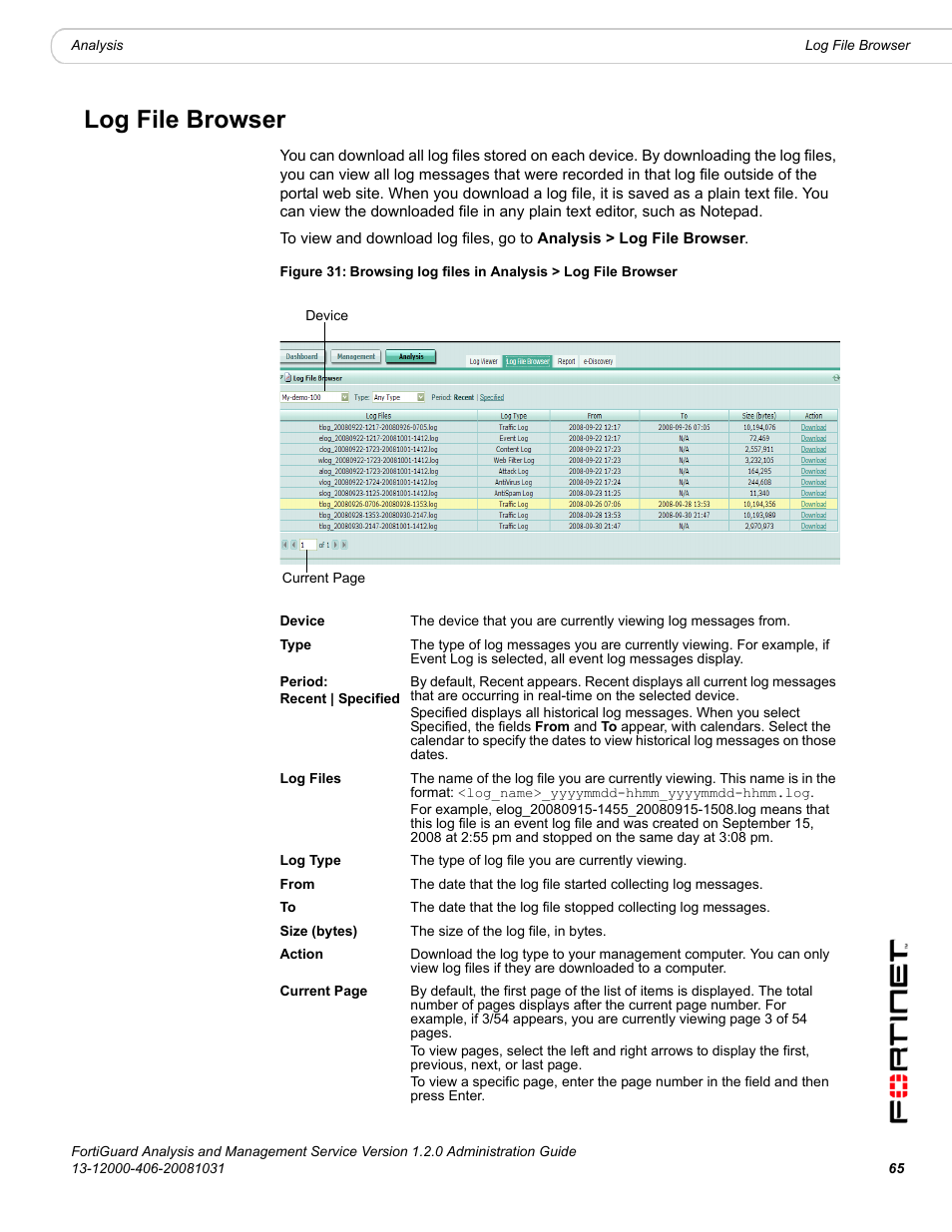 Log file browser | Fortinet FortiGuard Analysis 1.2.0 User Manual | Page 63 / 76