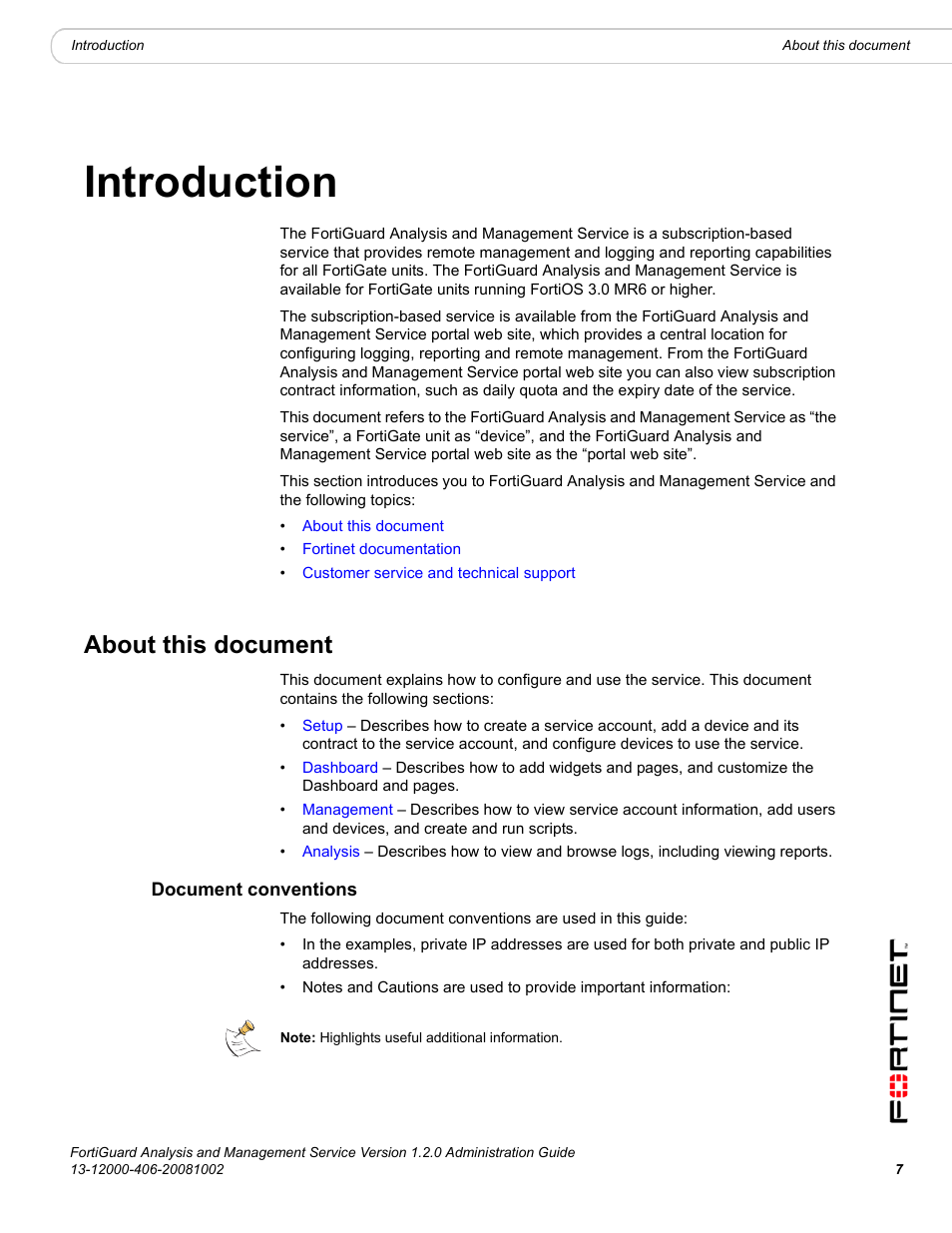 Introduction, About this document, Document conventions | Fortinet FortiGuard Analysis 1.2.0 User Manual | Page 7 / 76