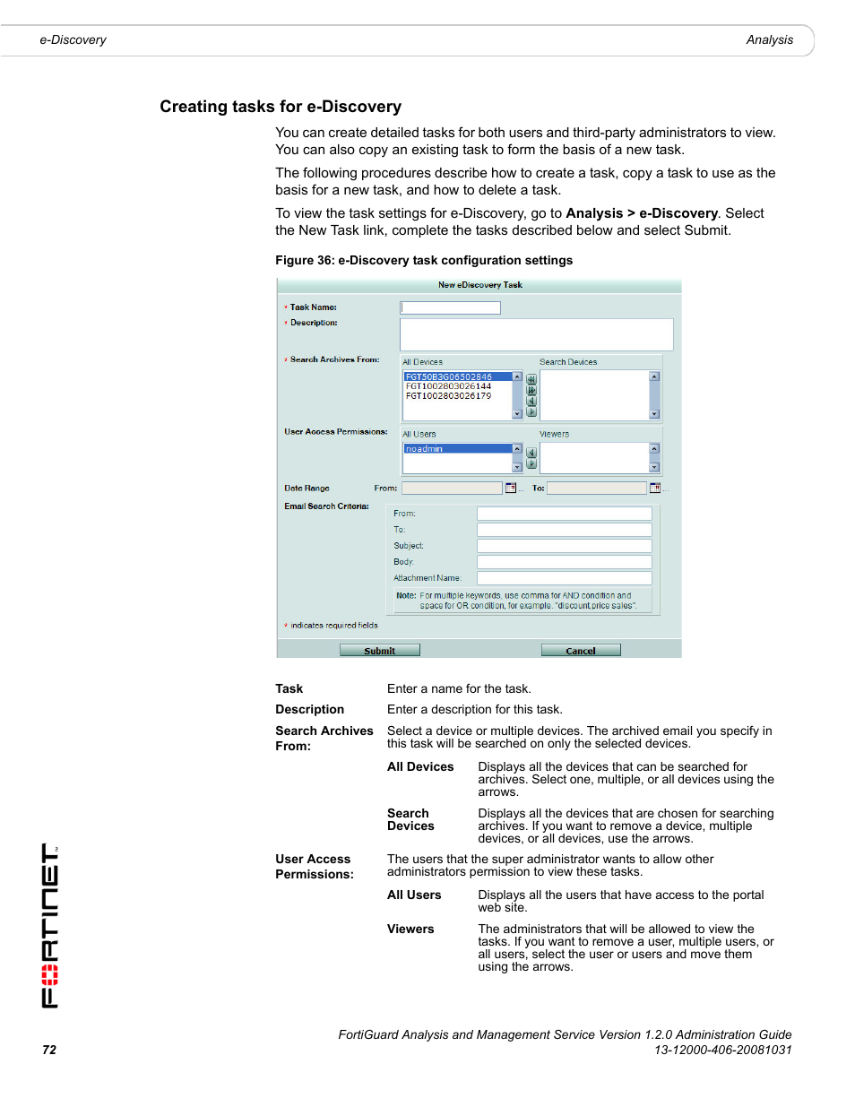 Creating tasks for e-discovery | Fortinet FortiGuard Analysis 1.2.0 User Manual | Page 70 / 76