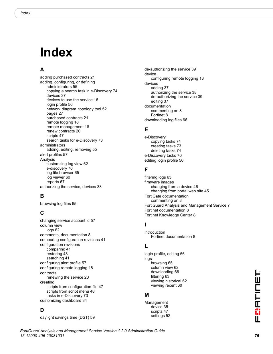 Index | Fortinet FortiGuard Analysis 1.2.0 User Manual | Page 73 / 76