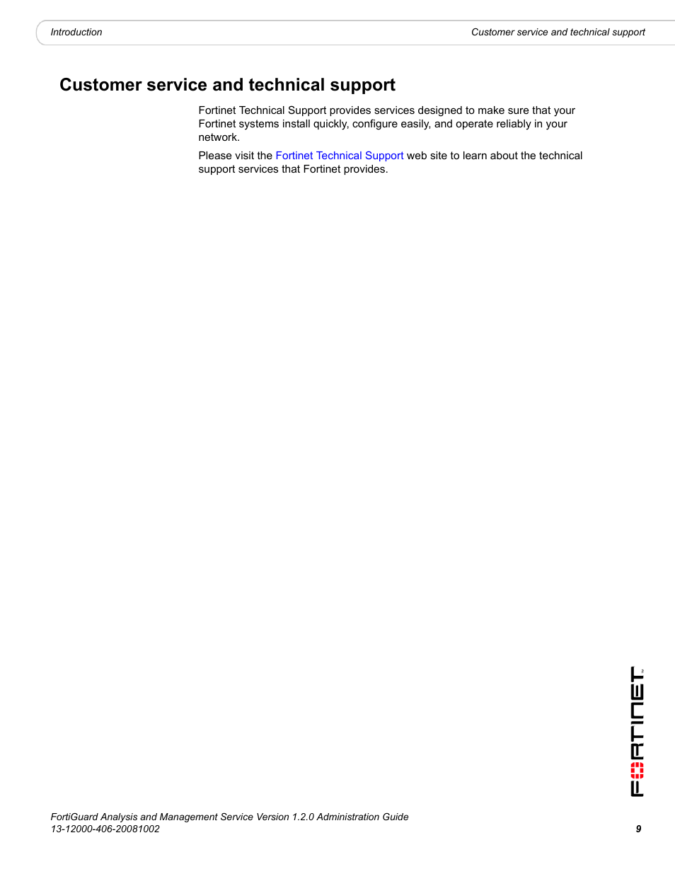 Customer service and technical support | Fortinet FortiGuard Analysis 1.2.0 User Manual | Page 9 / 76