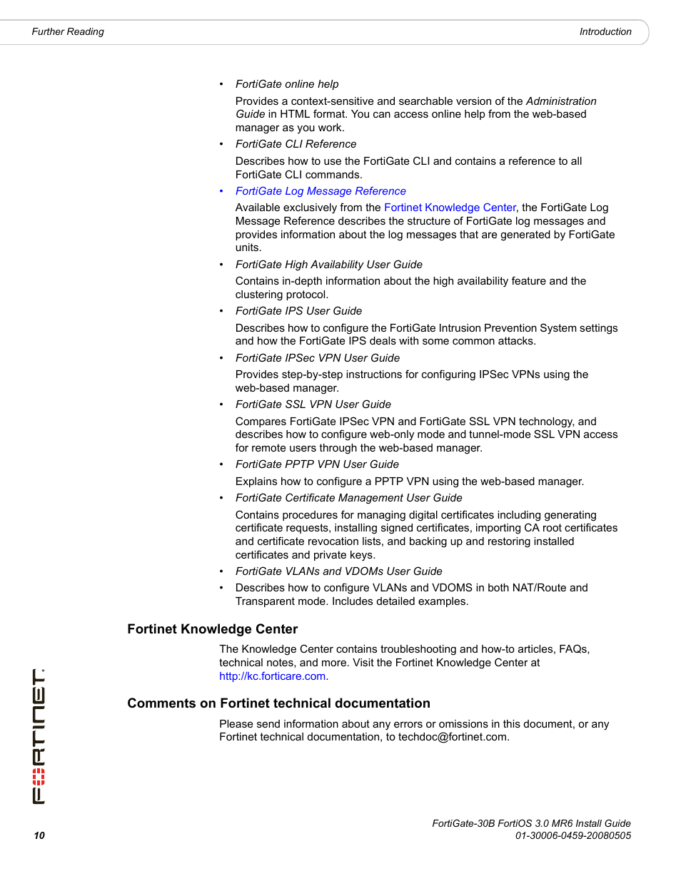 Fortinet knowledge center, Comments on fortinet technical documentation | Fortinet FortiGate 30B User Manual | Page 10 / 56