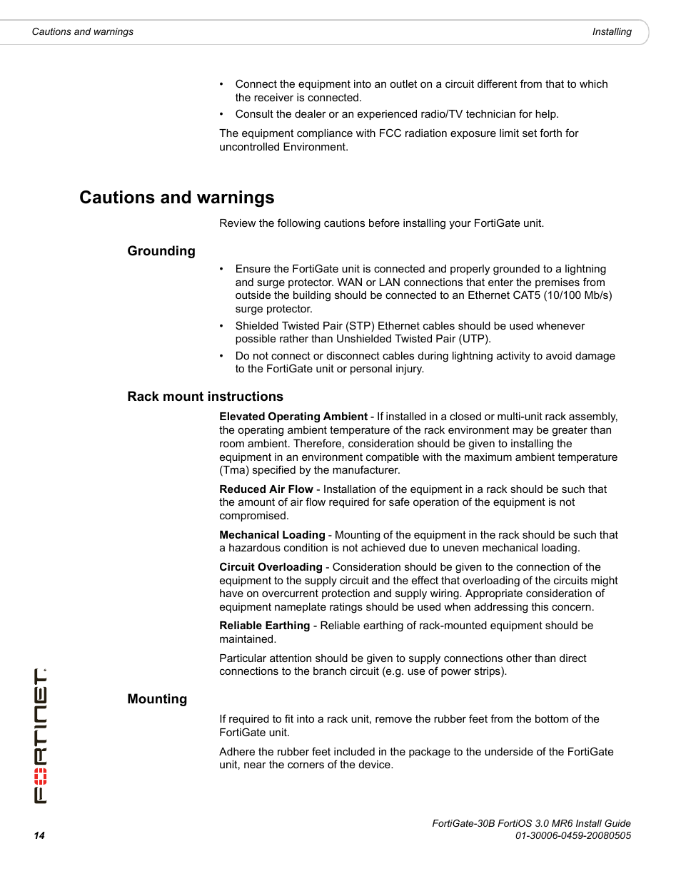 Cautions and warnings, Grounding, Rack mount instructions | Mounting, Grounding rack mount instructions mounting | Fortinet FortiGate 30B User Manual | Page 14 / 56