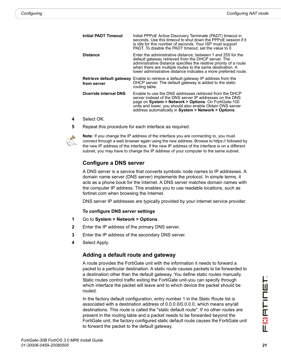 Configure a dns server, Adding a default route and gateway | Fortinet FortiGate 30B User Manual | Page 21 / 56