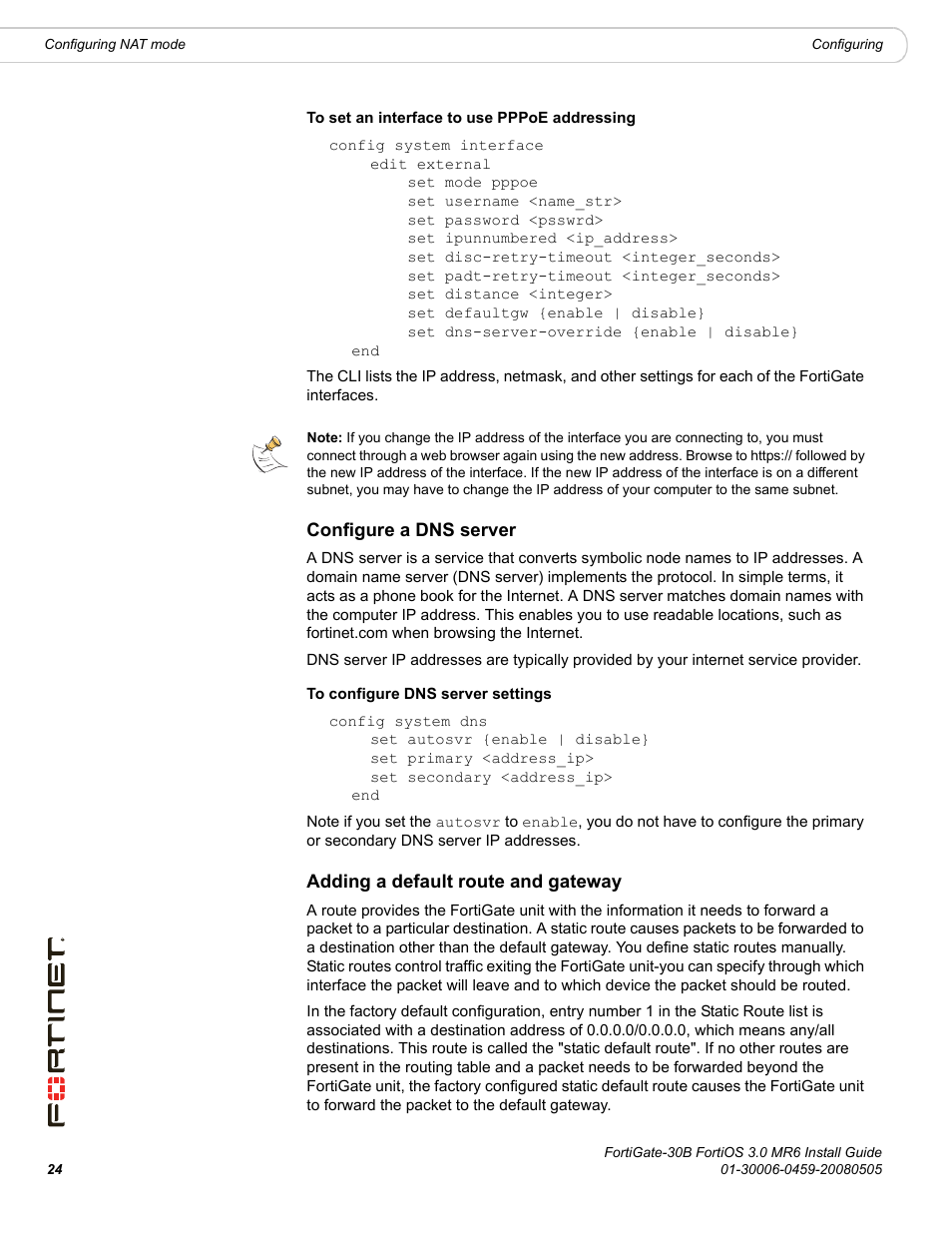Configure a dns server, Adding a default route and gateway | Fortinet FortiGate 30B User Manual | Page 24 / 56