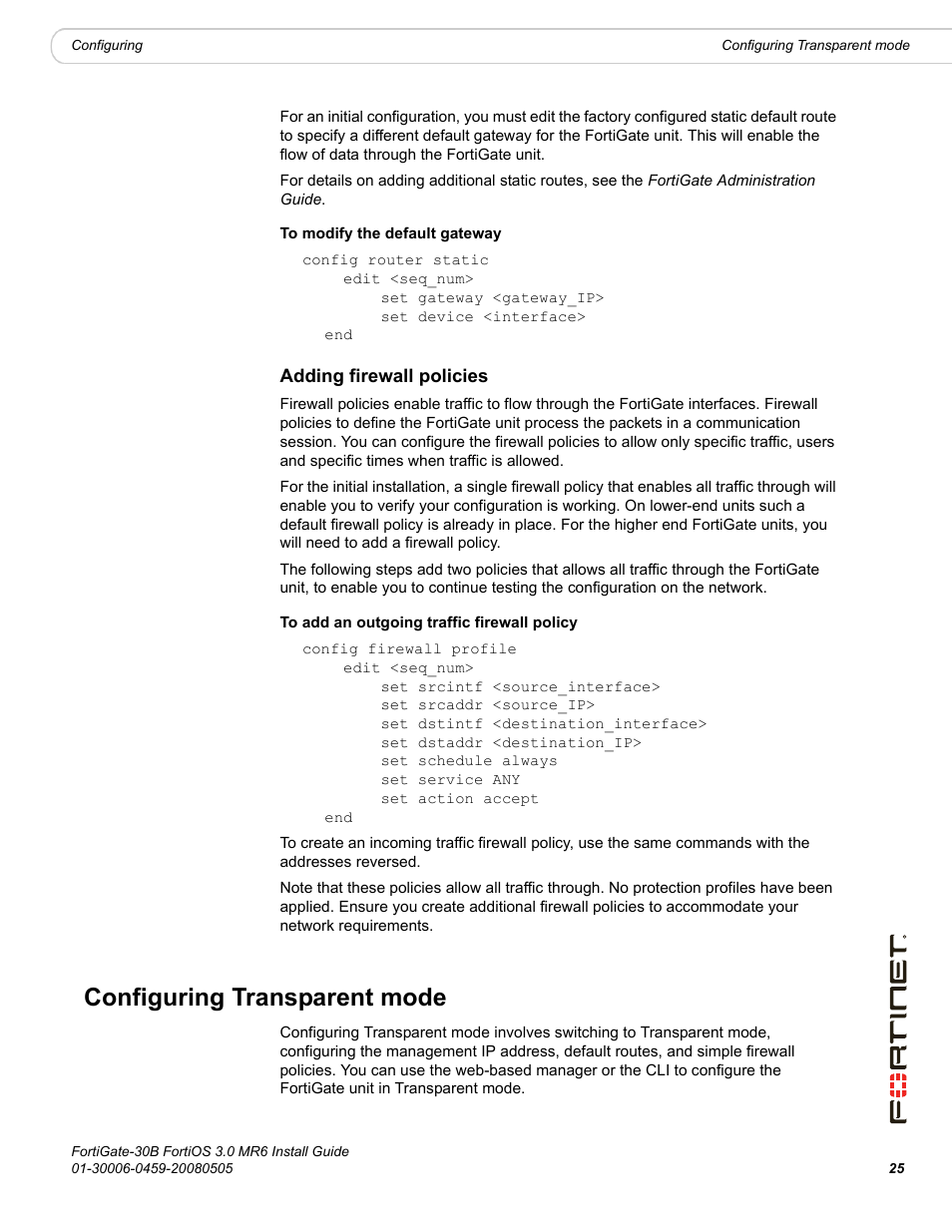 Adding firewall policies, Configuring transparent mode | Fortinet FortiGate 30B User Manual | Page 25 / 56