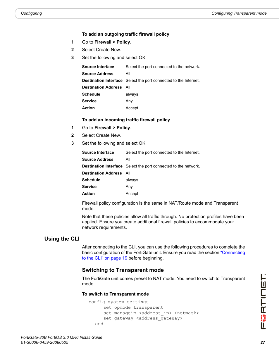 Using the cli, Switching to transparent mode | Fortinet FortiGate 30B User Manual | Page 27 / 56