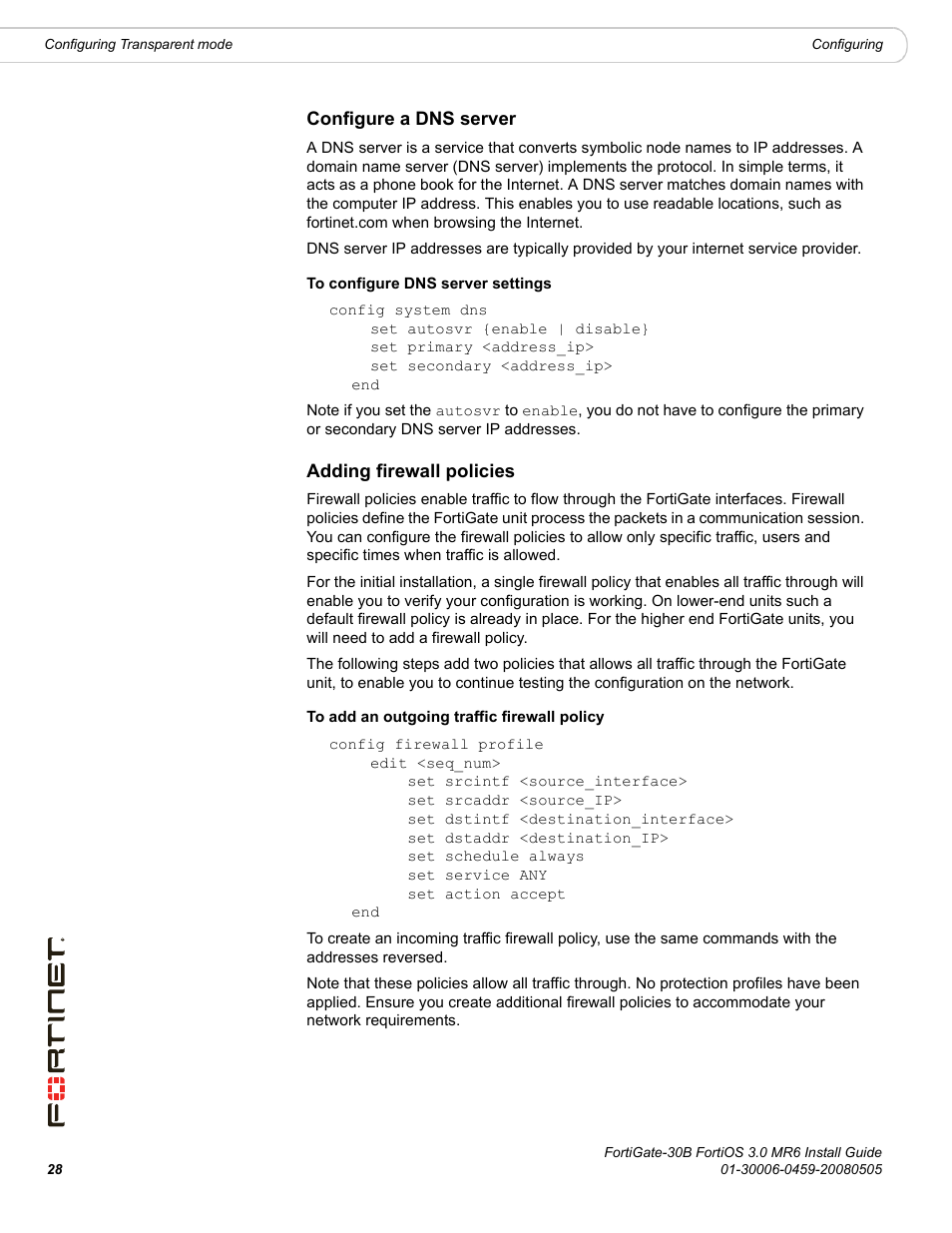 Configure a dns server, Adding firewall policies, Configure a dns server adding firewall policies | Fortinet FortiGate 30B User Manual | Page 28 / 56